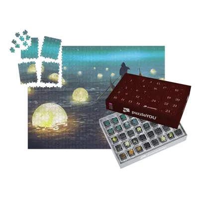 Adventní kalendář „Loď mezi mnoha zářícími měsíci, ilustrační malba“