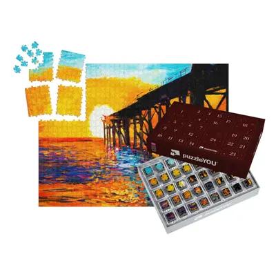 Adventní kalendář „Západ slunce nad mostem, olejomalba“