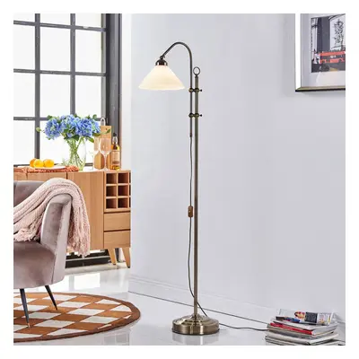 Lindby Stojací lampa Lindby Otis, starožitná mosaz, sklo, 170 cm, E27