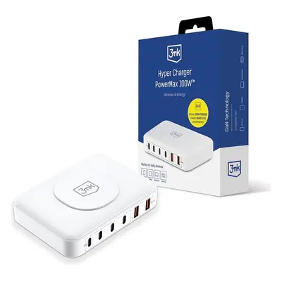 3mk Hyper Charger PowerMax 100W síťová nabíječka, GaN 4x USB-C (PD) / 2x USB bílá