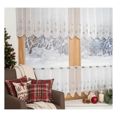 Buona ventura Vitrážová záclona vánoční polyesterový batist 66157/001, VÁNOČNÍ BAŇKY, béžový vyšívaný vzor na bílé, výška 60cm (