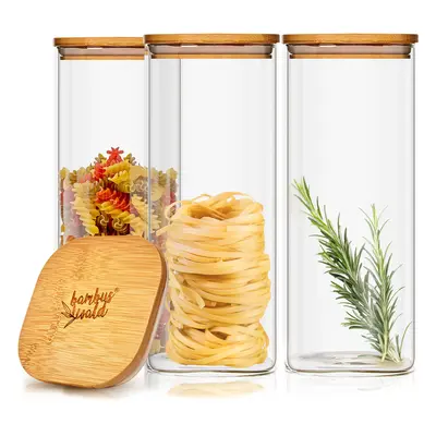 Klarstein Hranatá nádoba, bambusové víko, skladování potravin, vzduchotěsná, silikonové těsnění, 10 x 20,5 x 10 cm, 3 x 1500 ml