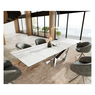 DELIFE Jídelní stůl Edge 200-300x100 keramika Laminam®Statuarietto bílá Spider plochá ocel nerezová ocel rozkládací