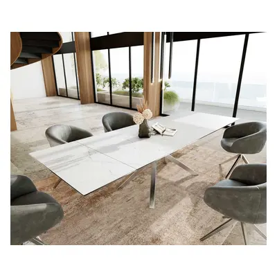 DELIFE Jídelní stůl Edge 200-300x100 keramika Laminam®Statuarietto bílá křížová podnož nerezová ocel rozkládací