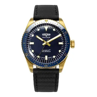 Vulcain Skindiver Nautique Gold / Blue - Black Carbon Leather Strap