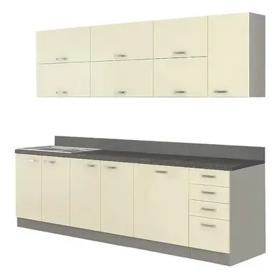 Kuchyňská linka Karmen 260cm Krémová Lesk/ šedá bez pracovní desky