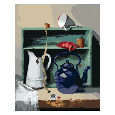 Diamantové malování - ZÁTIŠÍ KONVICE, KREJČOVSKÝ METR A SKŘÍŇ (PIETER WAGEMANS) Rozměr: 40x50 cm, Rámování: vypnuté plátno na rá