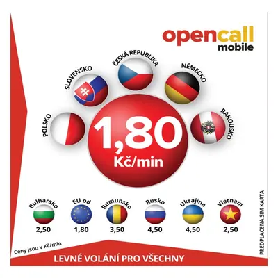 Předplacená SIM karta OpenCall s kreditem 200 Kč, volání do všech sítí v ČR 1,80 Kč/min