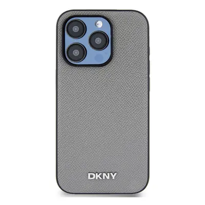 Zadní kryt DKNY PU Leather Silver Metal Logo Magsafe pro Apple iPhone 15 Pro, šedá