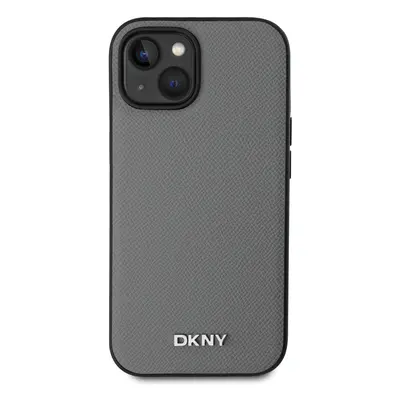 Zadní kryt DKNY PU Leather Silver Metal Logo Magsafe pro Apple iPhone 15, šedá