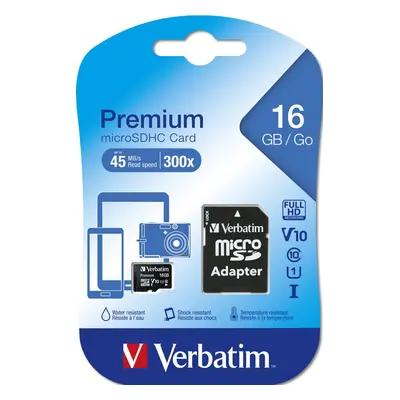 Verbatim Premium paměťová karta microSDHC 16Gb Uhs-i V10 U1 + Sd adaptér