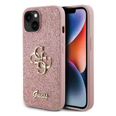 Guess hard kryt na iPhone 15 6.1" Pink Glitter Script Big 4G