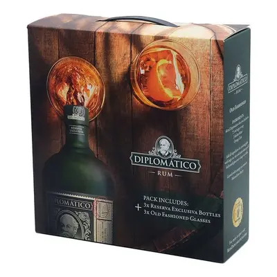 Diplomático Reserva Exclusiva Promo Pack 3 lahve + 3 sklenice 40,0% 2,1 l