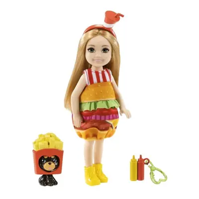 Barbie chelsea v kostýmu hamburger s pejskem, mattel grp69