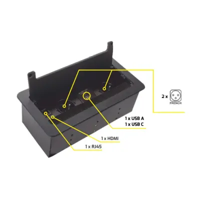 Design Light Vestavná výklopná zásuvka VARIANT černá broušená - 2x 230V + USB nab. A+C + HDMI + 