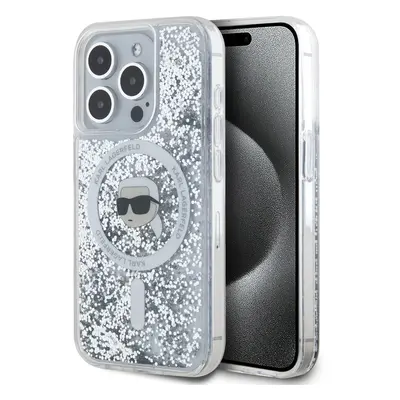 Karl Lagerfeld Liquid Glitter Karl Head MagSafe Zadní Kryt pro iPhone 15 Pro Transparent