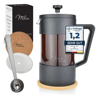 Milu French Press Kávovar Milu, 1 l (5 šálků), včetně náhradního filtru, kávové lžičky a podtáck