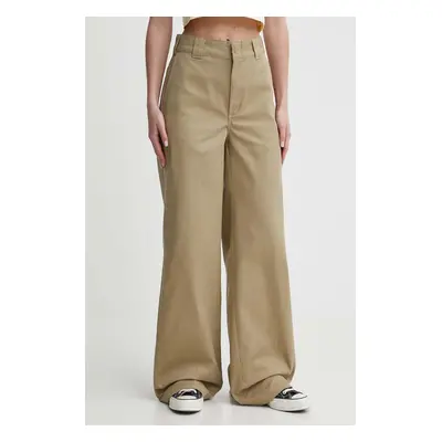 Kalhoty Dickies WIDE LEG WORK PANT W dámské, zelená barva, široké, high waist, DK0A4YSE