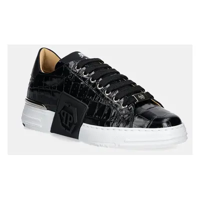 Kožené sneakers boty Philipp Plein Crocco Lo-Top Hexagon černá barva, USC0653 PTE003N