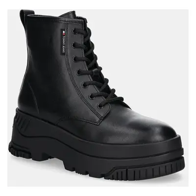 Kožené kotníkové boty Tommy Jeans TJW LACE UP FLATFORM BOOT dámské, černá barva, na platformě, E