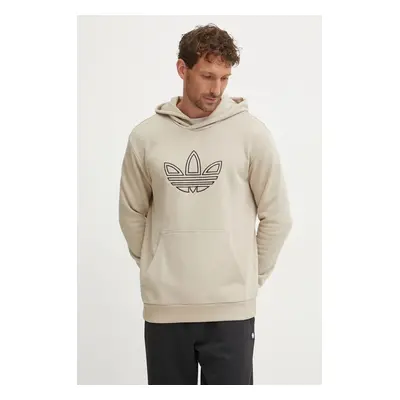 Bavlněná mikina adidas Originals Outline Hoodie pánská, béžová barva, s kapucí, s potiskem, JJ15