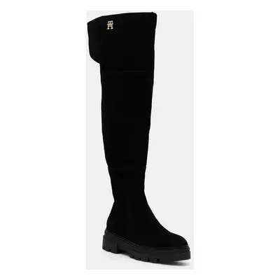 Semišové boty Tommy Hilfiger SUEDE OVER-THE-KNEE BOOT dámské, černá barva, na platformě, FW0FW08