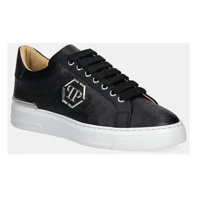 Kožené sneakers boty Philipp Plein Nappa Lo-Top Monogram černá barva, USC0665 PLE010N