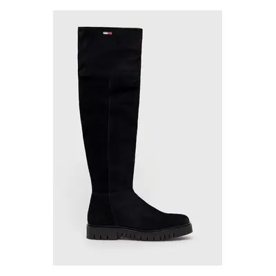 Semišové boty Tommy Jeans Warmlined Long Boot dámské, černá barva, na platformě, zateplené