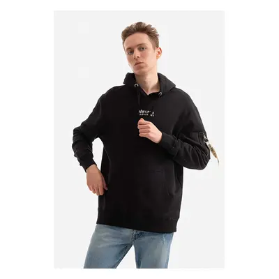 Bavlněná mikina Alpha Industries pánská, černá barva, s kapucí, hladká, 118350.649-black