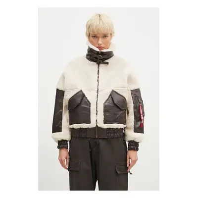 Bunda Alpha Industries Teddy PU Bomber dámská, béžová barva, přechodná, oversize