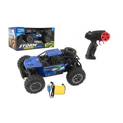 Auto RC buggy terénní modré 22cm plast 2,4GHz na baterie + dobíjecí pack v krabici 32x16x18cm