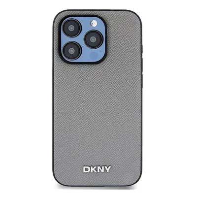 Kryt na mobil DKNY PU Leather Silver Metal Logo Magsafe Zadní Kryt pro iPhone 15 Pro Max Grey