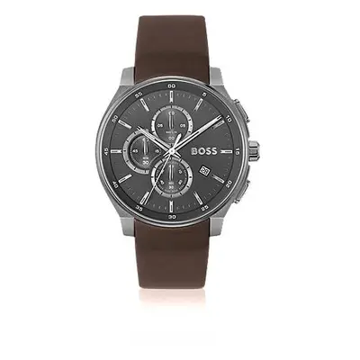 Grey-plated chronograph watch with leather strap