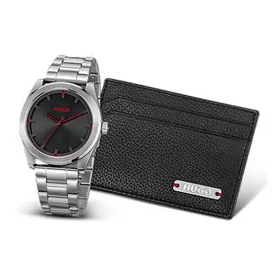 Leather card holder and black-dial watch gift set