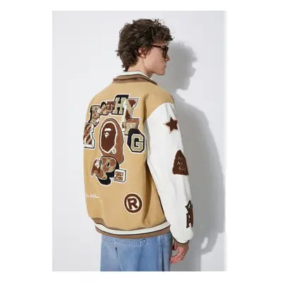 Vlněná bomber bunda A Bathing Ape Bape Multi Motif Varsity béžová 92094591