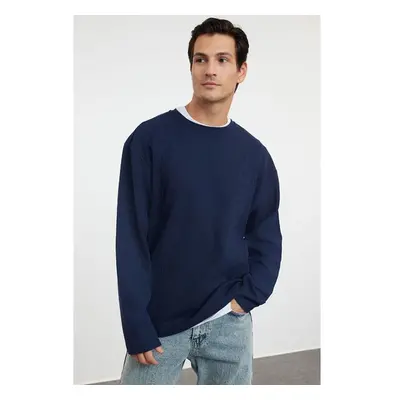 Trendyol Navy Blue Oversize/Wide Cut Stitch Detail Textured Crew Neck 95262403