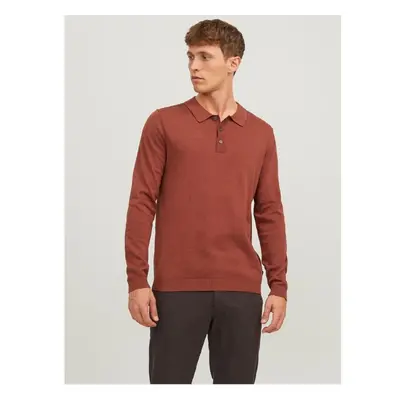 Cihlové pánské úpletové polo tričko s dlouhým rukávem Jack & Jones - 84305374