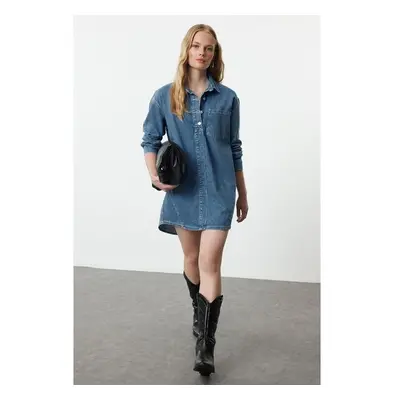 Trendyol Blue Stitch Detailed Mini Denim Shirt Dress 99092377