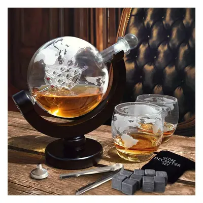 Karafa na whisky set Globus - Whiskey sada + 2 sklenice a 9 kamenů