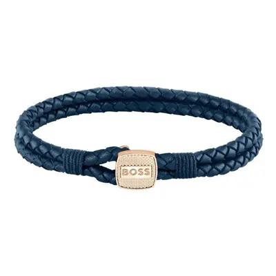 Hugo Boss Modrý pletený náramek z kůže Seal 19 cm